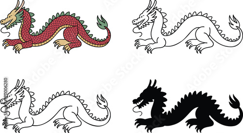Chinese dragon silhouette & Outline and illustration set isolated on transparent background