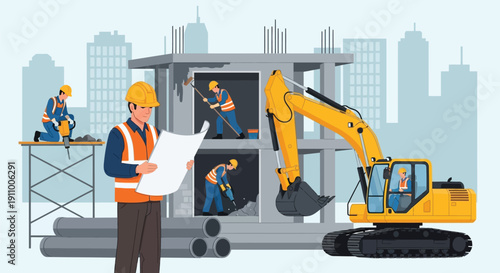 Construction site with workers in safety gear operating an excavator, reading blueprints, and working on a building. City skyline in background.