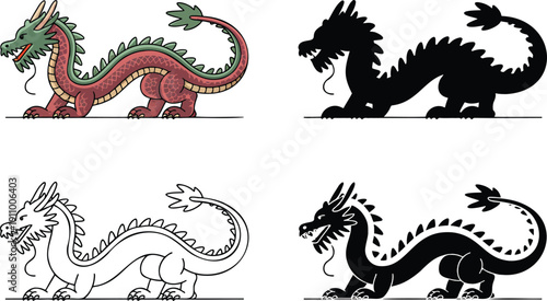 Chinese dragon silhouette & Outline and illustration set isolated on transparent background