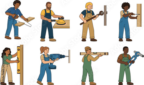 Diverse set of construction workers and DIY handymen using tools like saw, drill, wrench, and level for home renovation and repairs
