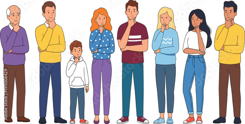 Diverse group of people of different ages and ethnicities standing together in thinking poses while making decisions or solving problems together