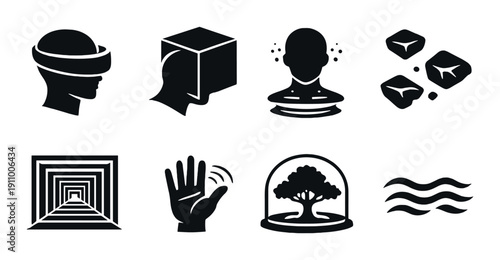 Minimalist black icons: virtual reality, cubes, silhouette, nature, waves
