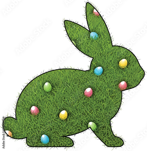 Easter bunny made of grass with colorful eggs embedded in its body for spring holiday celebration decoration symbolizing fertility and new life in a vibrant illustration style.