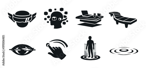 Futuristic icons representing virtual reality, augmented reality, workspaces, and human connection