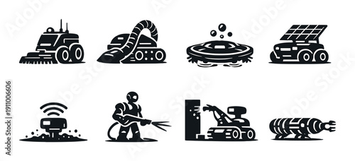 Futuristic robotic icons: technology and innovation in black and white