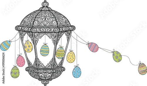 Colorful easter eggs hanging from intricately designed lantern on strings creating festive holiday decoration for spring season celebration.
