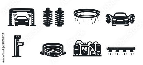 Car wash icon set: automated systems and equipment illustrations