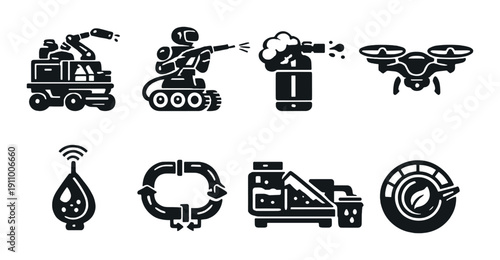 Futuristic technology icons: robot, drone, smartphone, and more