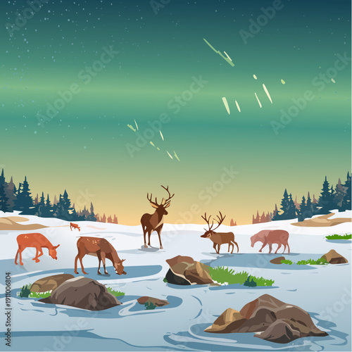 Majestic Deer Roaming a Serene Winter Wonderland Under the Mesmerizing Glow of the Northern Lights