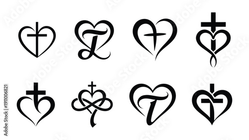 Eight black heart and cross symbols on white background