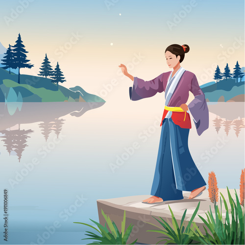 Tranquil Asian woman practicing Tai Chi by a serene lake at sunset