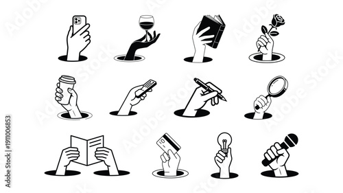 Hands holding emerging from holes phone book and others