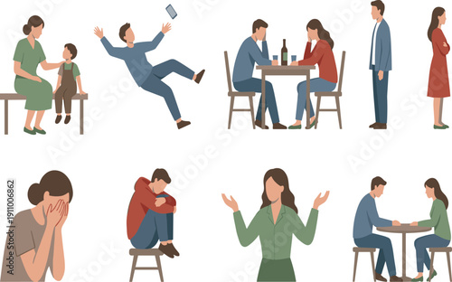 Flat vector illustration set of people experiencing sadness, relationship conflict, loneliness, grief, social anxiety, and emotional stress in various life situations