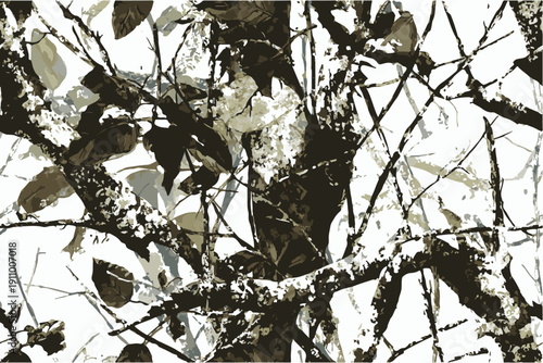a realistic photo of white camouflage with brown and green leaves, tree branches, and twigs, on a white backgrounds.Camouflage pattern with tree branches and leaves, perfect for forest hunting.