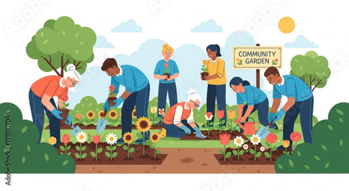 People gardening together in a vibrant community garden with flowers and sun
