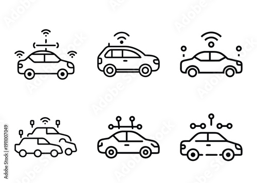Autonomous vehicle icons depicting self driving cars with sensor and wireless technology