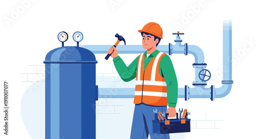 Illustration of a worker in a hard hat and safety vest, holding a toolbox and a hammer. He stands by blue industrial pipes and gauges, appearing focused.