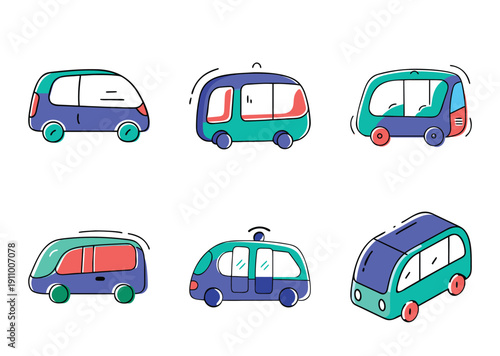 Collection of quirky and colorful cartoon style vehicles with rounded shapes