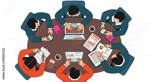 Illustration of five people in business attire sitting around an oval table. They are reviewing charts and graphs on laptops and paper, suggesting a collaborative work meeting.