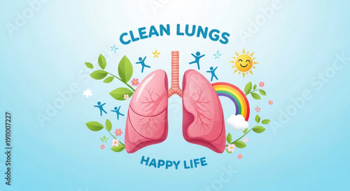 Clean lungs happy life concept with pink lungs rainbow