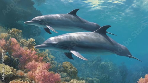 Wallpaper Mural Two Dolphins Swimming Over Coral Reef Tropical Marine Life and Ocean Conservation Concept Torontodigital.ca