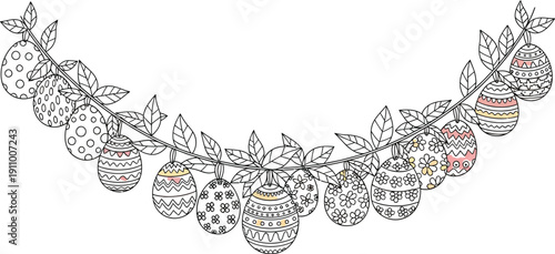 Delicate line drawing of twelve intricately decorated easter eggs hanging from curved stems adorned with leaves against a white background showcasing pastel colors and various patterns.