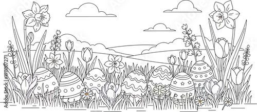 Colorful easter eggs surrounded by blooming flowers and lush green grass in a serene spring landscape scene perfect for easter celebrations and spring themed activities for kids and adults alike.