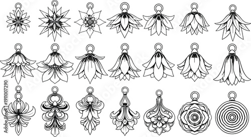 Floral pendant jewelry design set featuring decorative flower charms, elegant blossom medallions, and ornate botanical earring elements for laser cut vector