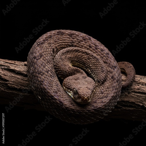 A venomous viper coiled and ready to strike in its natural habitat, showcasing its distinctive scales and predatory nature ,dangerous ,wildlife ,tropical climate
