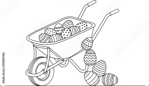 Black and white illustration of a wheelbarrow filled with decorated Easter eggs and more eggs spilling out onto the ground beside it, creating a festive Easter scene.