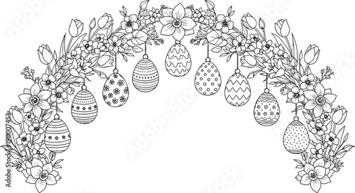 Beautiful easter egg wreath with decorated eggs and flowers hanging from archway in black and white illustration with empty space in center for text or design elements to be added.
