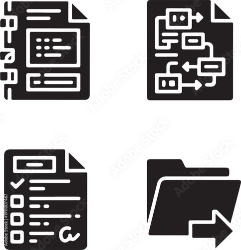 Four black and white representing documents and folders with different functions