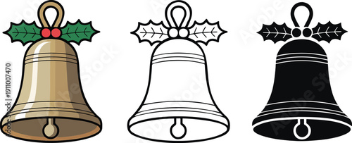 Christmas bell silhouette & Outline and illustration set isolated on transparent background