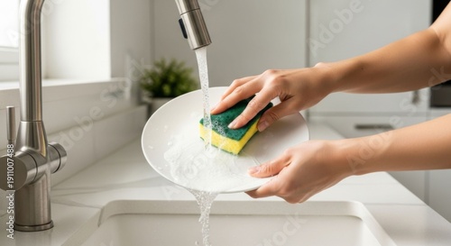 Hands washing a white plate with a green sponge under running water in a modern kitchen sink.