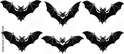 Hand drawn black bat silhouettes set, featuring flying nocturnal mammals with open wings for Halloween, spooky nature, and Gothic decorative design.