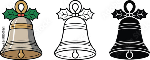 Christmas bell silhouette & Outline and illustration set isolated on transparent background