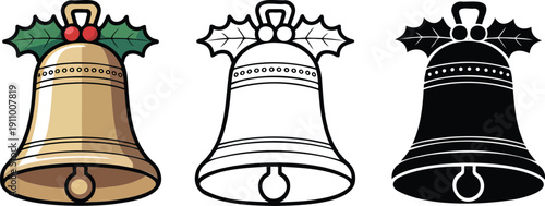 Christmas bell silhouette & Outline and illustration set isolated on transparent background