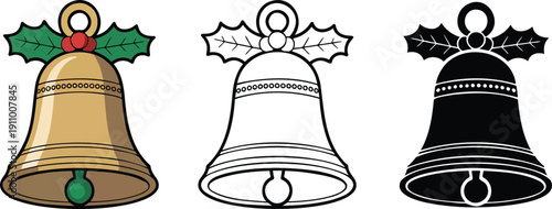 Christmas bell silhouette & Outline and illustration set isolated on transparent background