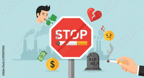 Stop smoking concept with health and financial icons around sign