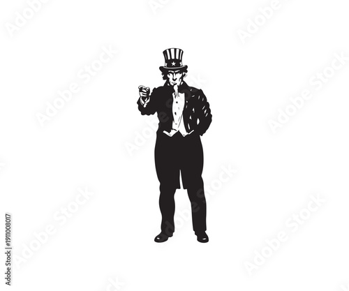 Uncle Sam points accusingly in classic black and white illustration.