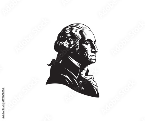 Vintage style black and white illustration of historical figure George Washington.