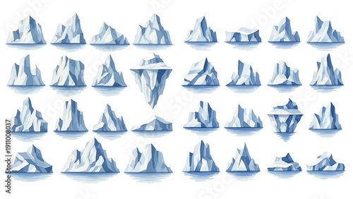 A charming watercolor collection of icy blue icebergs, featuring floating glacier formations, jagged frozen peaks, towering arctic ice structures, and serene polar seascape reflections in cool frosty 