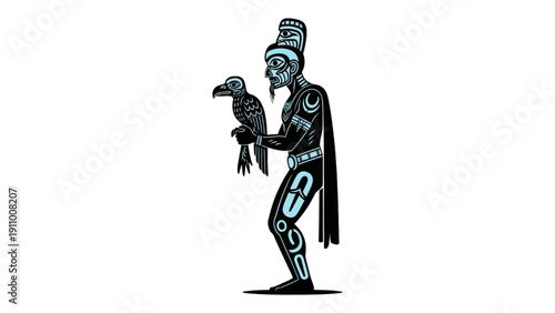Ancient shaman holding a bird in a stylized illustration