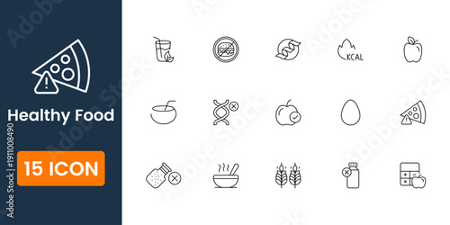 healthy food icons collection, organic nutrition diet symbols, fresh fruit vegetable salad vector UI icons for wellness lifestyle