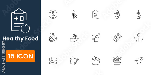 healthy food icons collection, organic nutrition diet symbols, fresh fruit vegetable salad vector UI icons for wellness lifestyle
