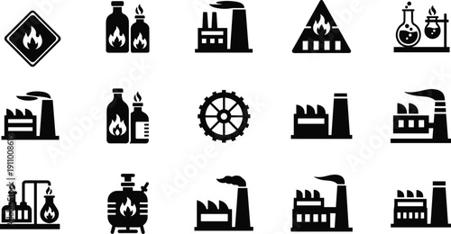Industrial factory and chemical production icons set, featuring flammable material symbols, manufacturing plants, lab equipment, energy powerhouses, and warehouse safety.
