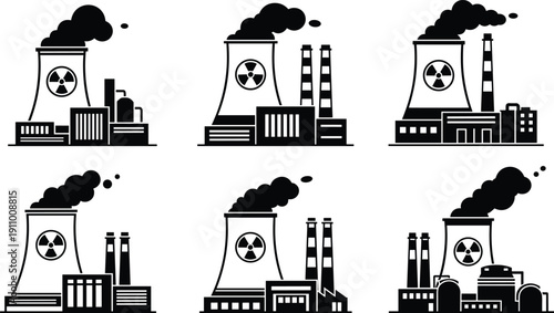 Industrial nuclear power plant icons set, featuring atomic energy cooling towers, radiation symbols, electricity generation, factory buildings, and smoke stacks.