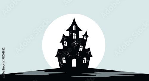 Haunted House Silhouette Against A Large Full Moon