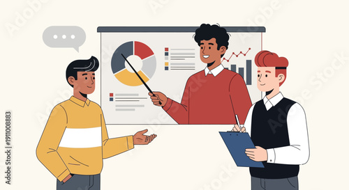 Three people in office attire discuss a pie chart on a screen. One gestures with a pointer, another holds notes. The mood is collaborative and focused.