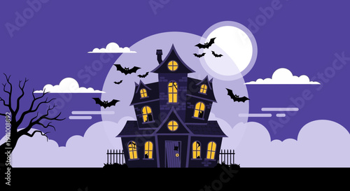 Haunted Mansion Under Moonlight With Flying Bats And Spooky Atmosphere